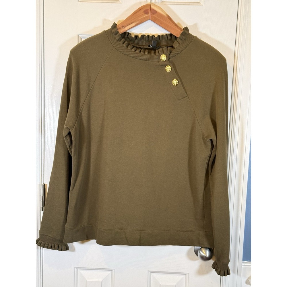 Talbots L Green Pullover Gold Buttons Sweater Preppy Old Money Classic